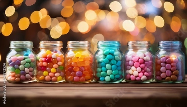 Fototapeta colorful jars filled with candy on a wooden table illuminated by soft bokeh light in the background