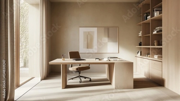 Fototapeta A minimalist home office with a large wooden desk, a comfortable office chair, and a large window with natural light