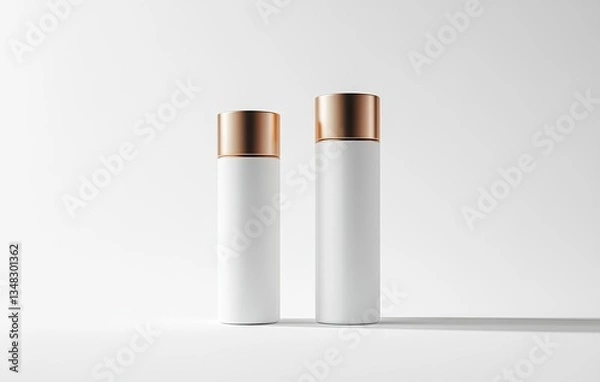 Fototapeta Blank white mockup of two cosmetic tubes and jars standing on white background, front view, mockup template for design presentation, high resolution, real photo with copy space for text. 