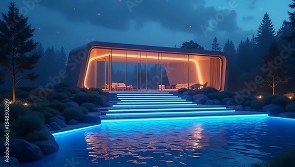 Fototapeta High-Tech Smart Home with a Floating Staircase, Automated Lighting, and a Futuristic Glass Exterior at Night