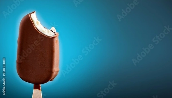 Fototapeta ice cream on a stick bitten on top chocolate coated ice cream with milk filling on a brown background copy space