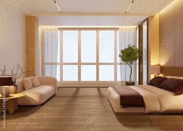 Fototapeta Mock up interior the bedroom in brown tones, minimalist style, there is a sofa and a bed in white tones, with a window to view outside. 3D render