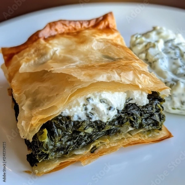 Fototapeta A savory and flavorful Greek spanakopita with flaky pastry and a spinach-feta filling, served on a white plate, Spanakopita centered