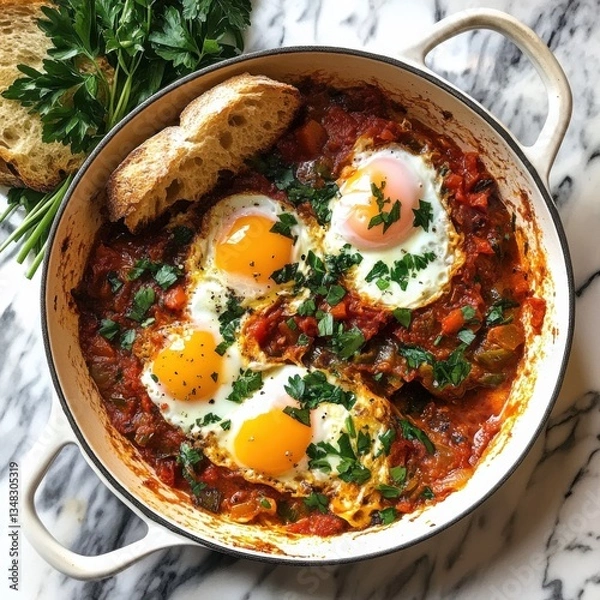 Fototapeta A savory and flavorful shakshuka with poached eggs in a spicy tomato and pepper sauce, served in a white skillet, Shakshuka centered