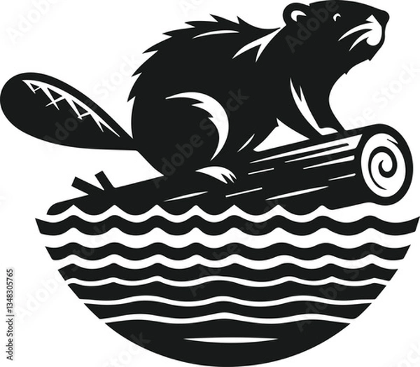 Obraz Beaver balancing on a log floating in the water vector