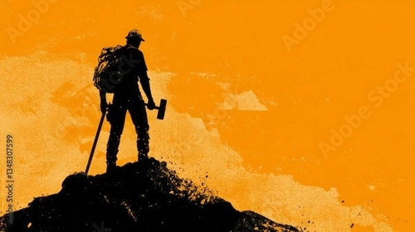 Obraz Silhouette of a determined figure standing atop a rocky peak
