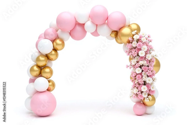 Fototapeta pink and white balloon arch decorated with flowers and candles