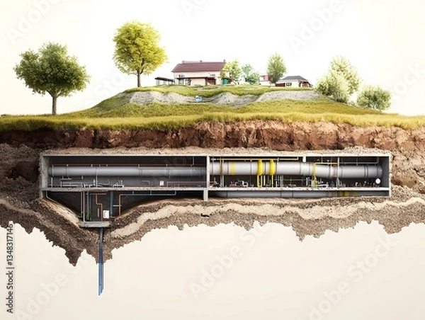 Fototapeta Cross-section of an underground pipe network with detailed soil layers