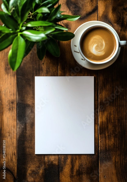 Fototapeta Minimalist A4 Blank Menu on Wooden Table with Coffee and Plant – Flat Lay Top View Design with 'Café au Lait' in White Lettering for Modern Café and Restaurant Branding