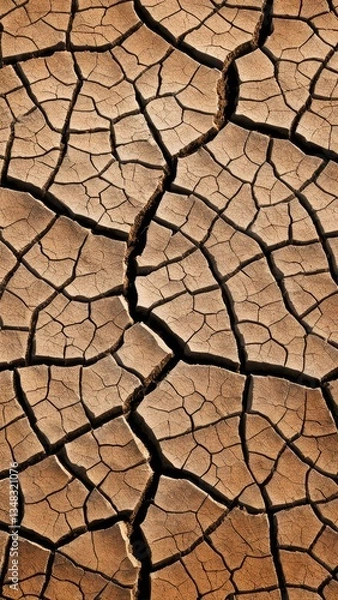 Fototapeta Cracked dry earth texture with deep fractures caused by drought and climate change. Parched soil pattern in arid environment