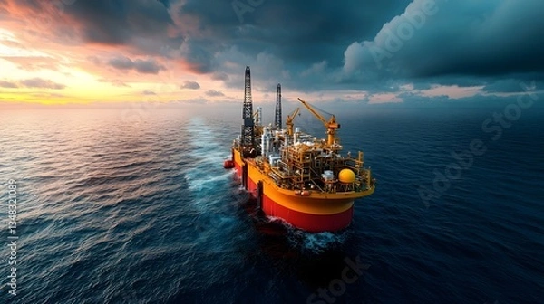 Fototapeta Aerial view of a massive state of the art offshore floating LNG FLNG facility processing natural gas surrounded by the vast open ocean and a dramatic cloudy sky at sunset