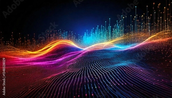 Fototapeta A futuristic wallpaper showing a digital data stream flowing across a dark void