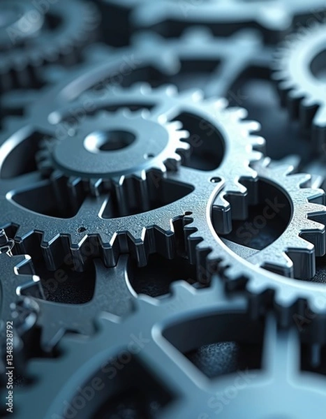 Obraz Close-up of interconnected metallic cogwheels, gears forming industrial machinery mechanism. Steel, chrome shiny parts integrated in complex system. Industrial design, engineering, modern tech