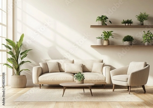 Fototapeta Sofa, armchair, and coffee table in a beige living room interior with a wooden floor and plants on a shelf wall. 3D rendering illustration. Stock photo of modern home decor, interior design concept. 