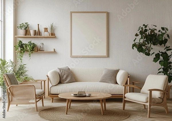 Fototapeta Sofa, armchair, and coffee table in a living room interior with a wooden floor and plants on a shelf. Home decor mockup with a frame hanging above the sofa. Scandinavian-style home decoration
