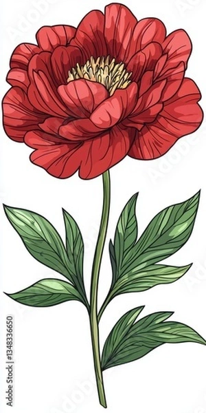 Fototapeta Vibrant Red Flower with Lush Green Leaves, Perfect for Illustrations of Nature and Botanical Themes
