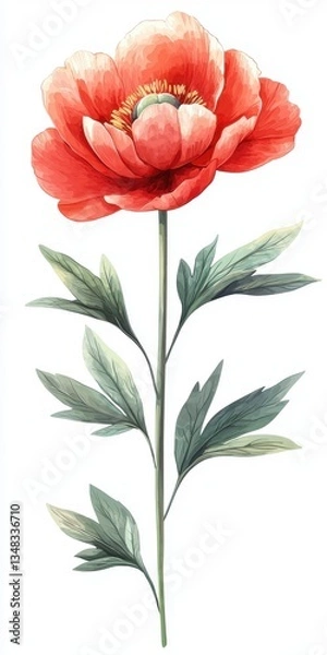 Fototapeta Vibrant Red Flower with Detailed Petals and Green Leaves Against a White Background for Decorative Use
