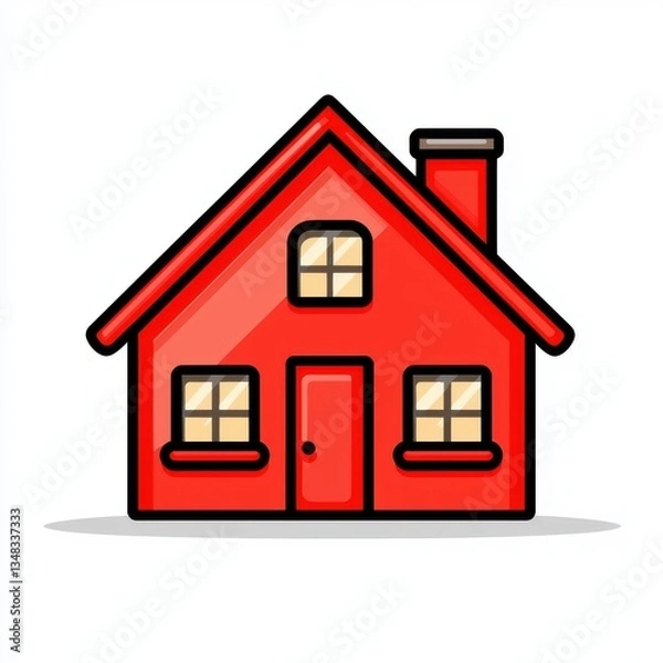 Fototapeta Vibrant Red House Icon with Windows and Chimney for Home Design and Real Estate Concepts