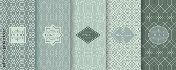 Fototapeta Set of Cute geometric seamless patterns on modern background with minimal labels, frames. Abstract vector textures. Design for print, vaucher, decor, package, banner, card