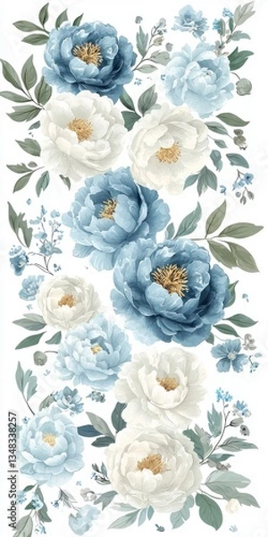 Fototapeta Elegant Botanical Floral Design Featuring Blue and White Peonies with Delicate Accents for Home Decor and Textiles