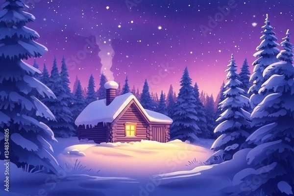 Fototapeta auroralit nordic forest cabin cozy warm interior light glowing through frostcovered windows surrounded by snowladen pine trees