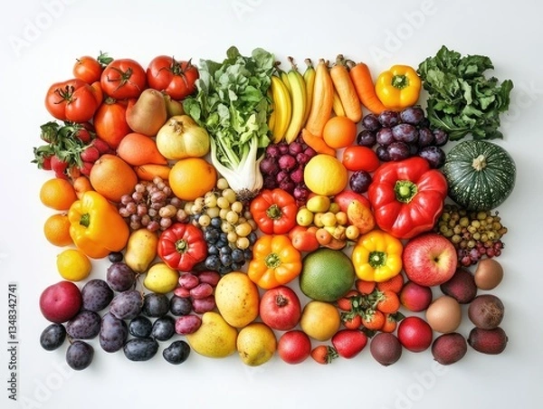 Fototapeta Colorful array of fresh fruits and vegetables.  A vibrant assortment of various produce, showcasing a wide range of colors and textures