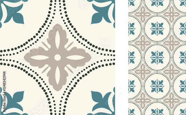 Obraz Seamless Azulejo tile. Portuguese and Spain decor. Ceramic tile in blue and white. Seamless Floral pattern. Vector hand drawn illustration, typical portuguese and spanish tile