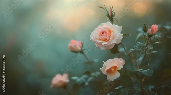Fototapeta A beautiful and vibrant photograph of several blooming roses in a garden