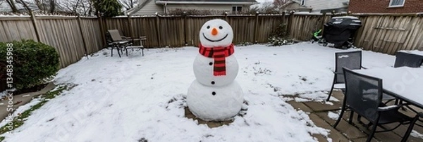 Fototapeta Snowman in a snowy backyard