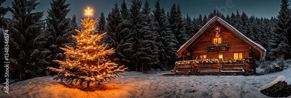 Fototapeta Snowy Christmas Scene with Illuminated Tree and Cabin