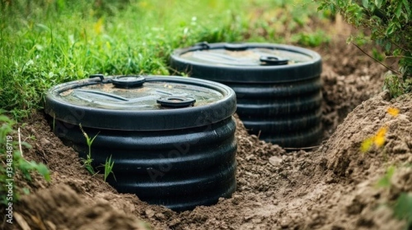Fototapeta Septic Tank Installation:  Underground Wastewater System Setup in a Residential Garden