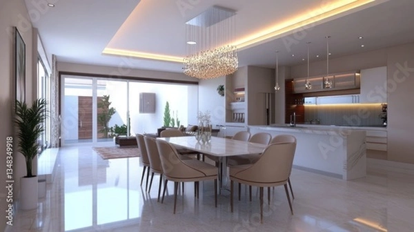 Fototapeta Modern open-plan dining and kitchen area with beige accents