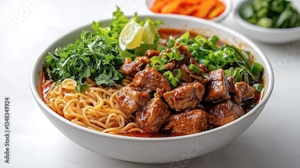 Fototapeta A Delicious Bowl of Noodles with Meat and Vegetables
