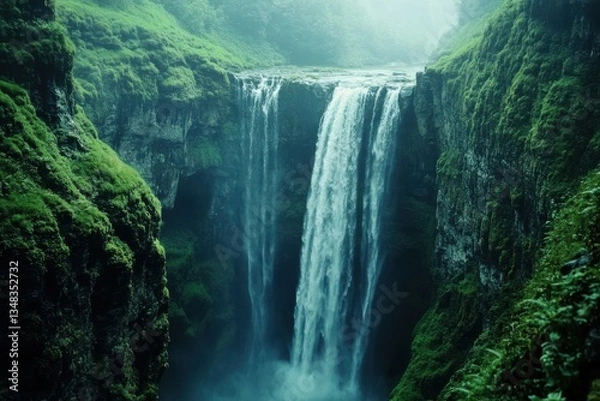 Fototapeta Majestic waterfall cascading through lush green cliffs in a misty forest setting