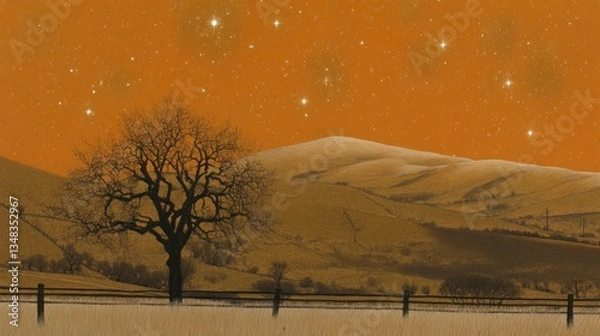 Fototapeta A solitary tree stands against a backdrop of a wintery landscape under a vibrant orange sky, dotted with stars