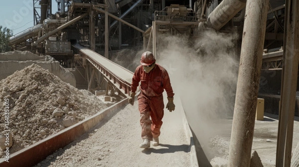 Fototapeta construction worker in red uniform walks along dusty conveyor belt in industrial setting, showcasing hard work and dedication in mining industry
