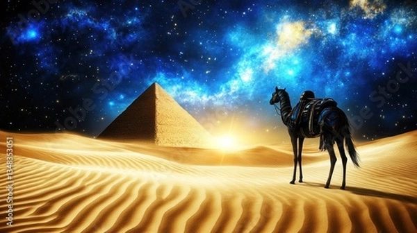 Fototapeta Desert pyramid at sunrise, camel in foreground, starry night sky