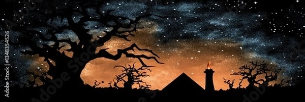Fototapeta Spooky night landscape with silhouettes of trees and a structure