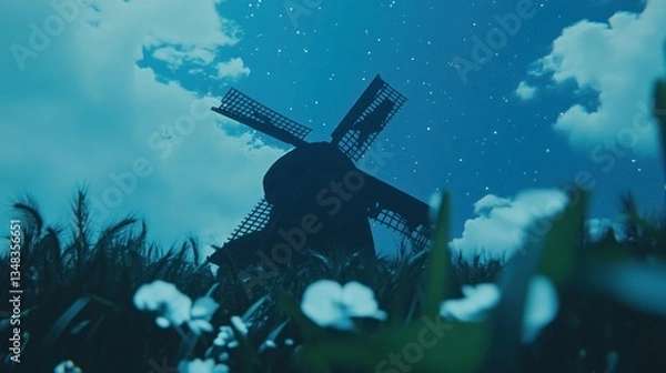 Fototapeta Silhouette windmill at night, nestled in a field of wildflowers under a starlit sky