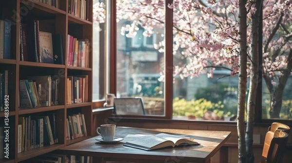 Fototapeta Reading Book at Table with Coffee and Blooming Tree View