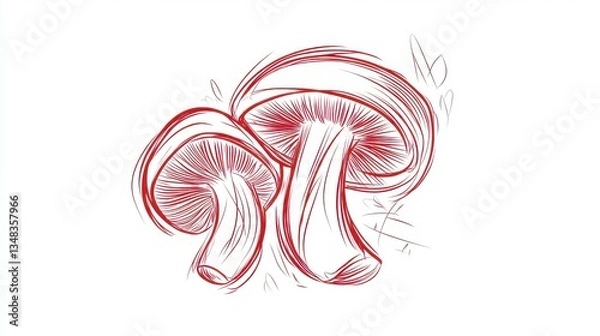 Obraz Stunning Red Line Art Mushrooms: A Detailed Botanical Illustration