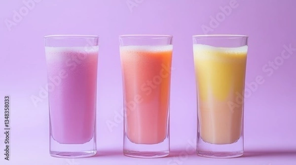 Fototapeta Three pastel-colored smoothies in a row.