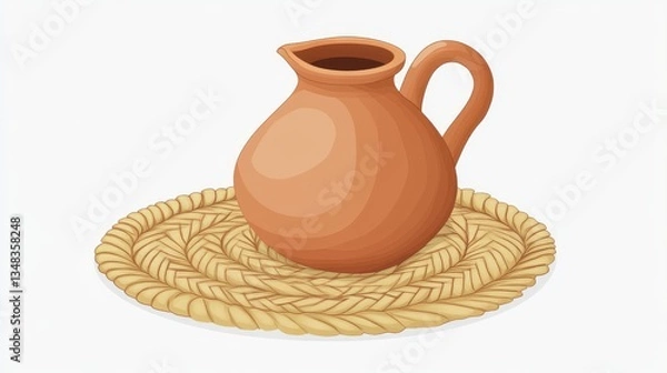 Obraz Antique Earthenware Pitcher on Woven Placemat: A Simple Rustic Illustration
