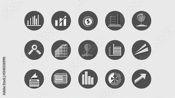 Obraz Modern Business Icons Collection - Financial Growth, Corporate Structures, and Global Strategies