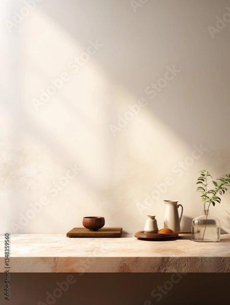 Fototapeta a beige wall with a light wood tabletop featuring a small plant and pots. a serene and elegant minimalist atmosphere, suitable as an e-commerce product background.