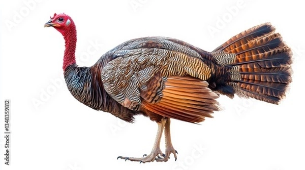Fototapeta Wild turkey displaying feathers forest habitat animal photography nature setting side view wildlife concept