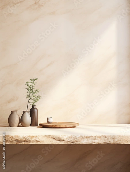 Fototapeta a beige wall with a light wood tabletop featuring a small plant in a ceramic vase and two pots. a serene and elegant minimalist atmosphere, suitable as an e-commerce product background.