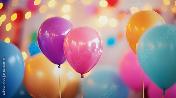 Fototapeta Stimmungsvoll gedeckter Partytisch mit bunten Luftballons und Lichterketten  
