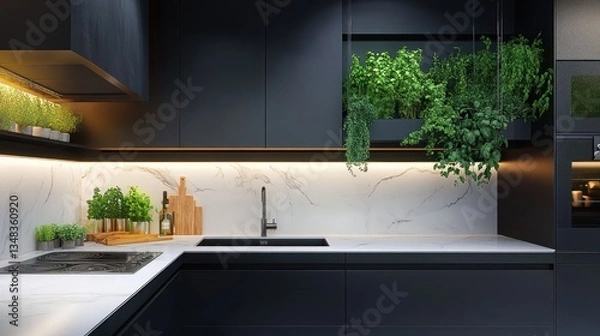 Fototapeta Modern, dark gray kitchen with white marble countertop and hanging herbs