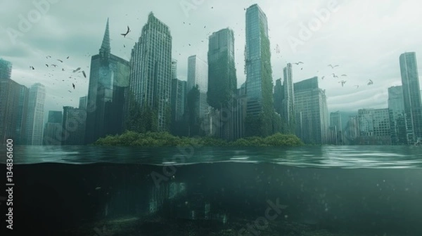 Fototapeta Post-apocalyptic cityscape submerged in water, nature reclaims abandoned structures